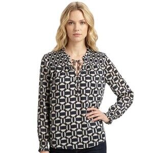 Haver London 2X Tunic Top Black Tasseltie Smocked Gold Thread Accents Lined